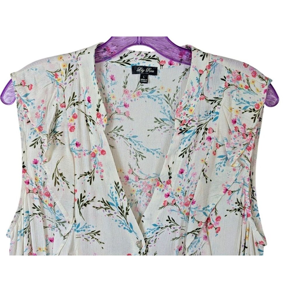 Lily Rose size L Ruffle Button Front Flutter Romper Pink Aqua Florals Juniors - Picture 3 of 14